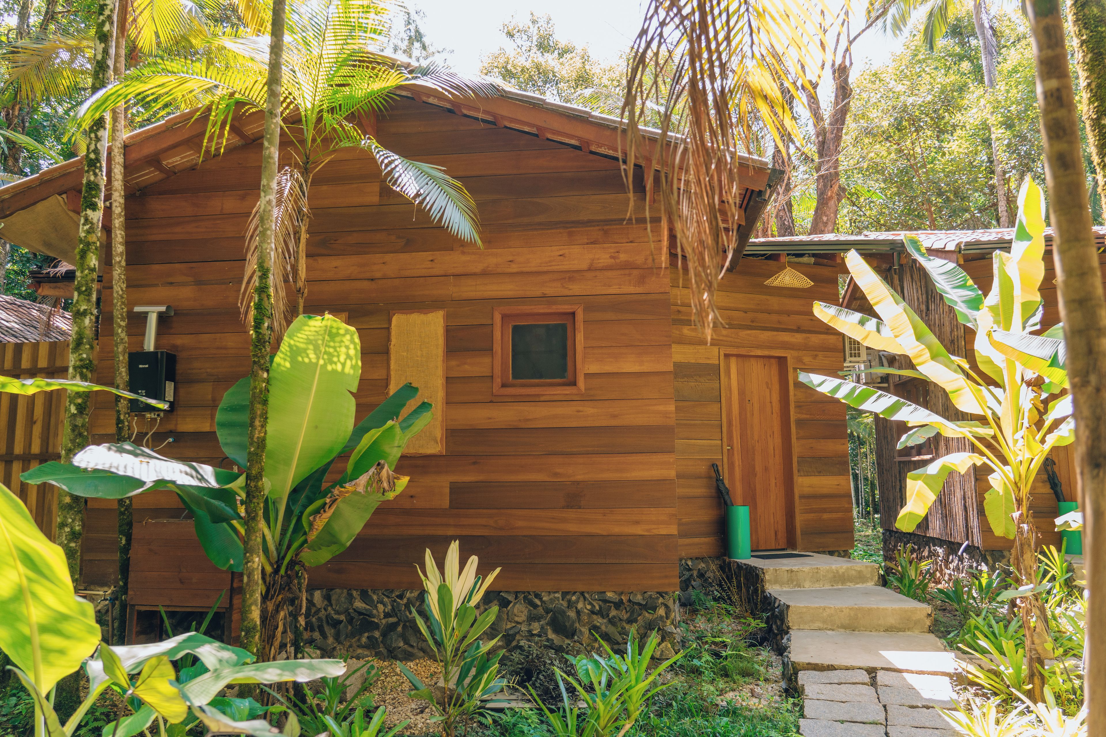 A wooden cabin with a stone foundation, surrounded by tropical vegetation.