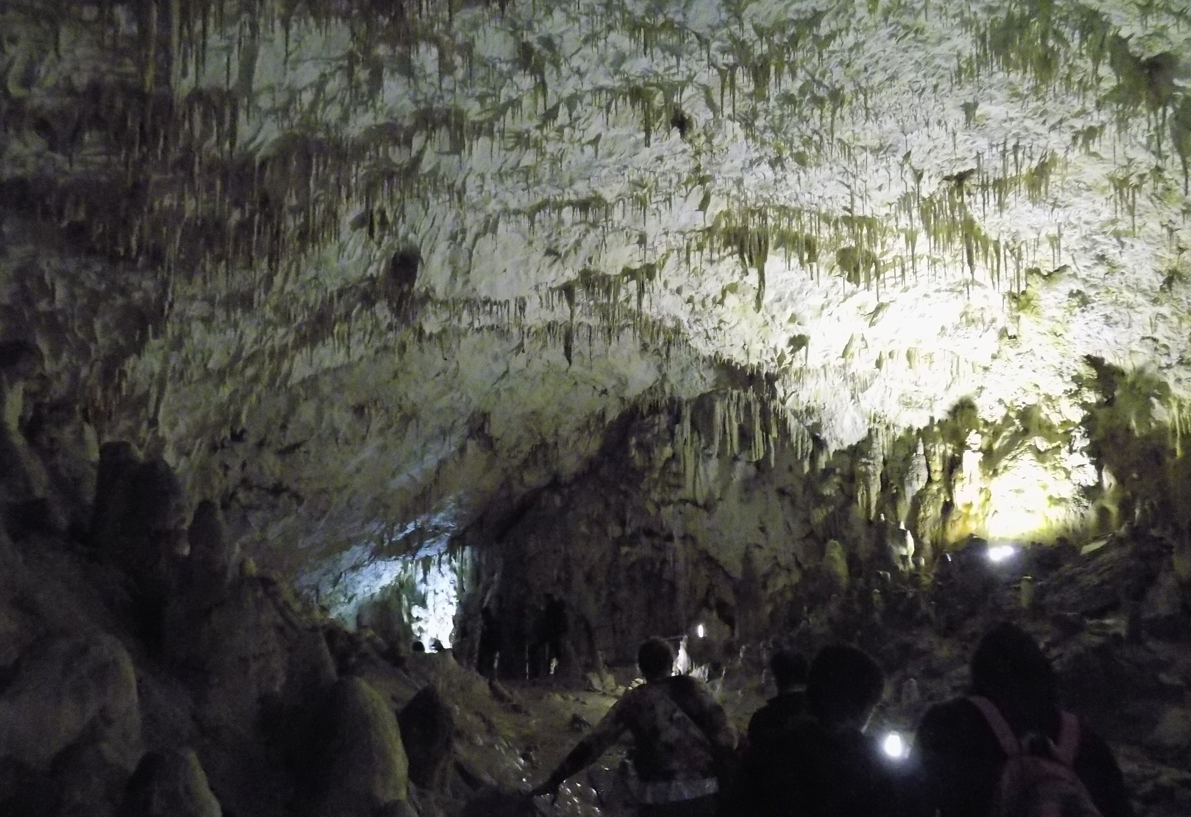 A cave interior with stalactites and stalagmites, illuminated by artificial light.