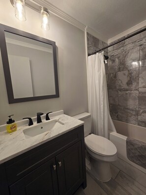 Combined shower/tub, hair dryer, towels, soap