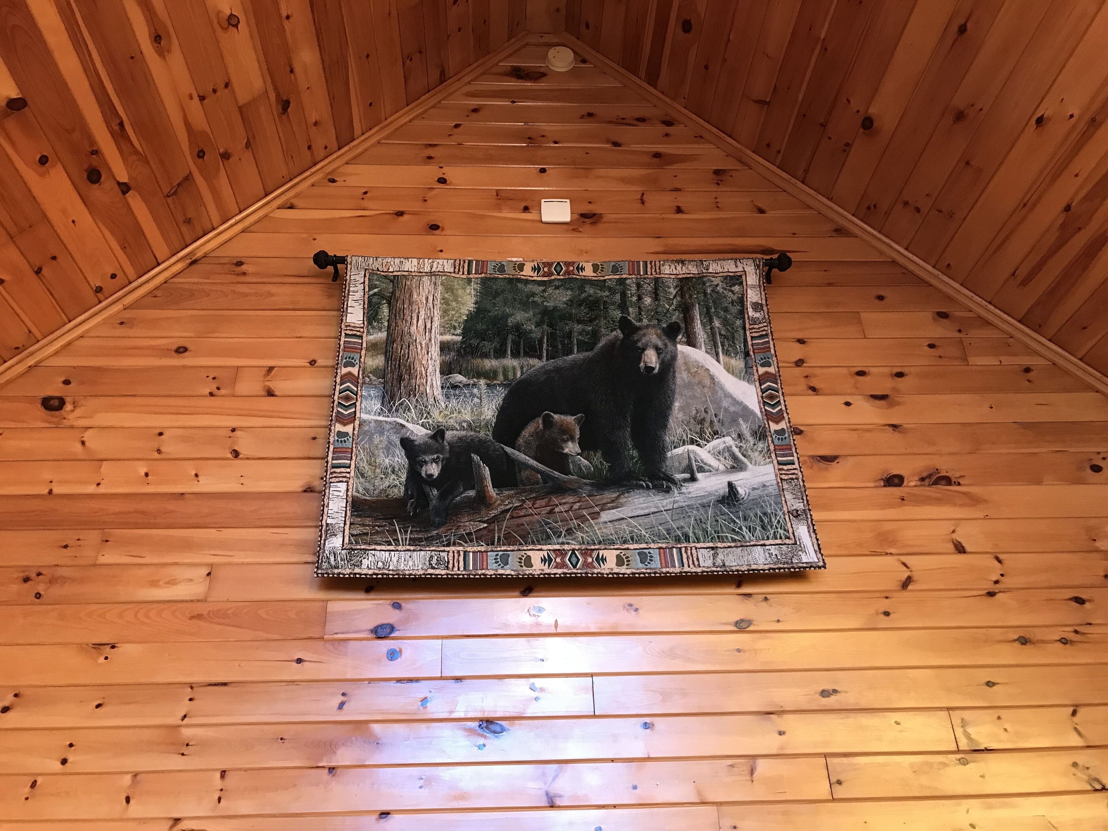 A wooden interior with a bear-themed rug on the floor.
