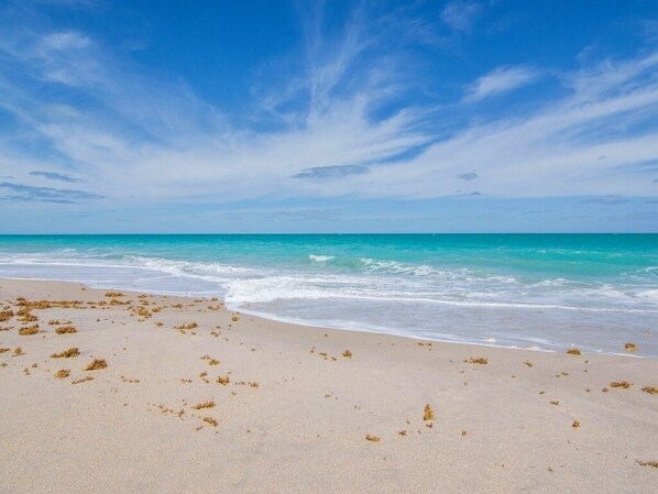 Private beach, sun loungers, beach towels