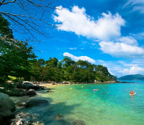 On the beach, scuba diving