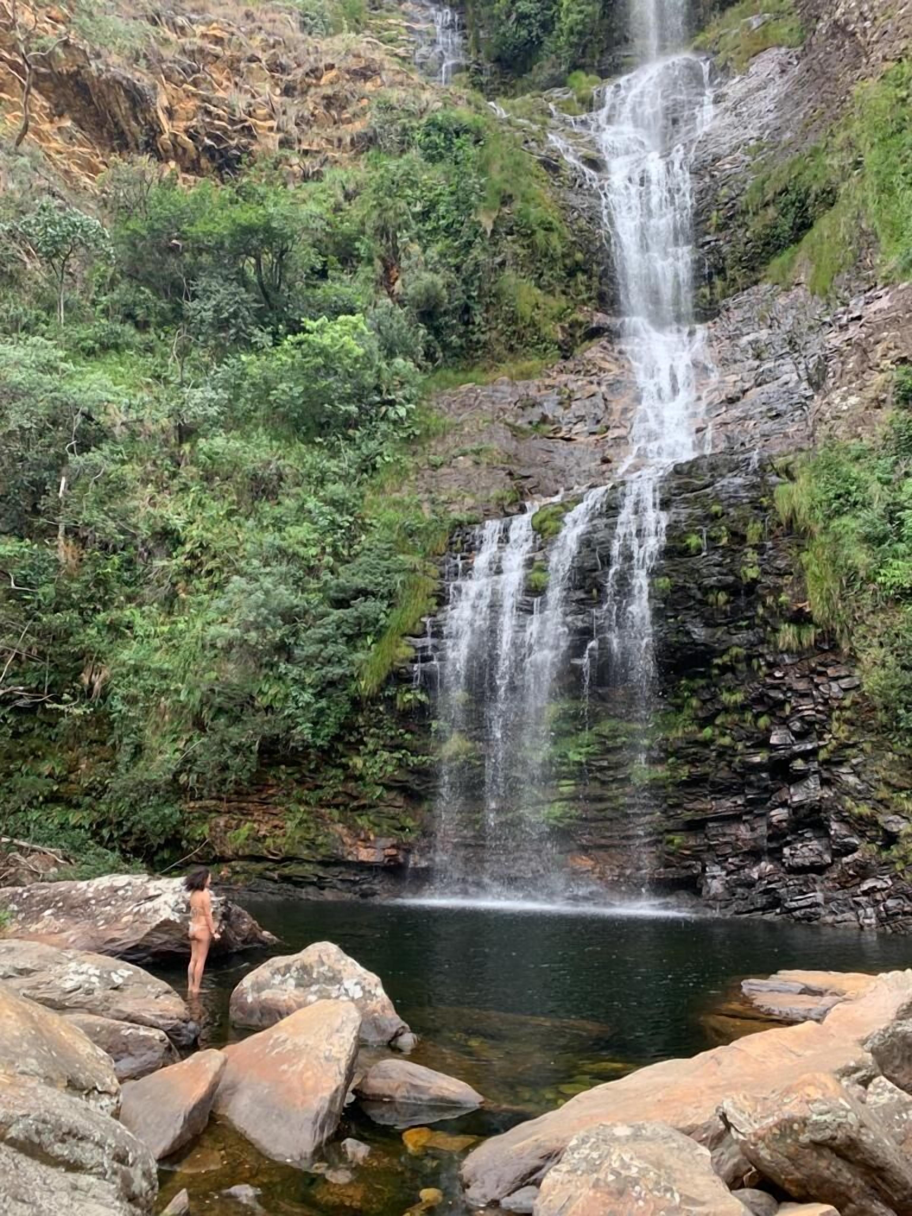 Ein Wasserfall stürzt in einen klaren Teich, der von Felsen und Grün umgeben ist.