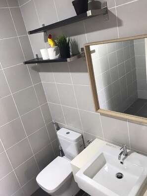 Shower, free toiletries, hair dryer, towels