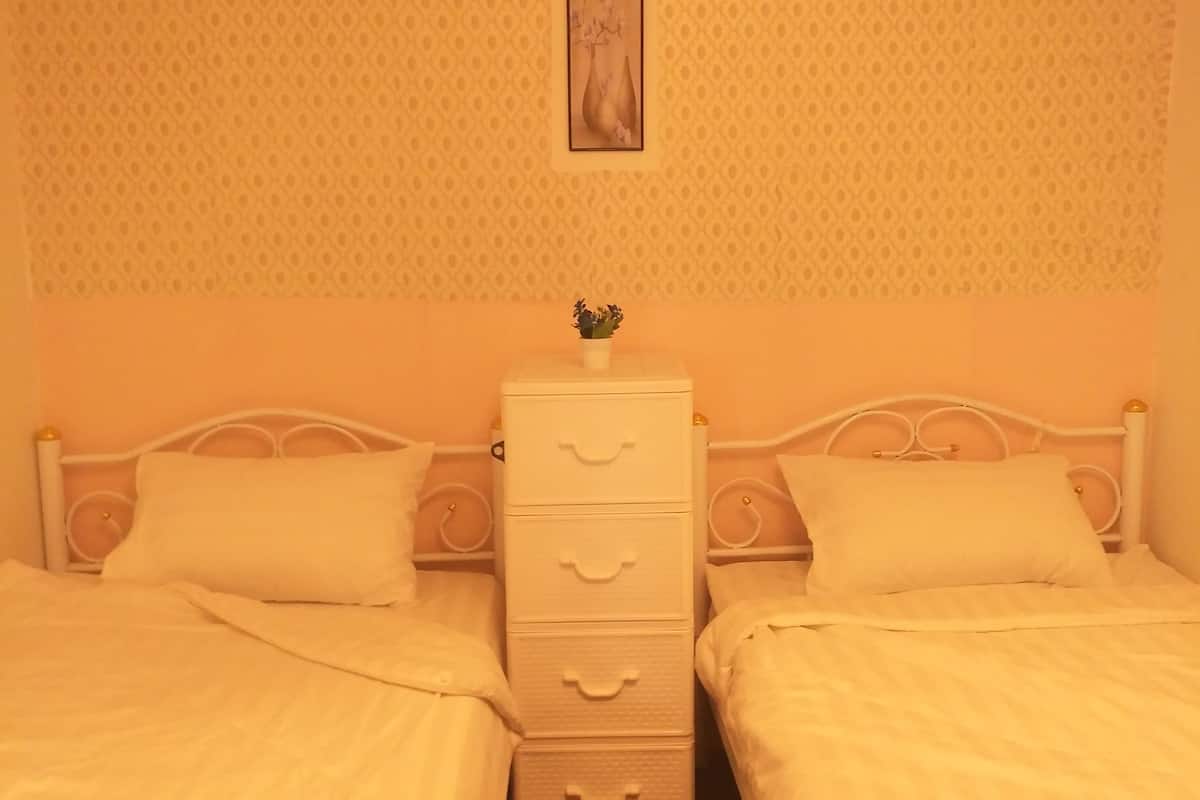 A room with two single beds, a bedside table with drawers, a small potted plant, and a framed picture on the wall.