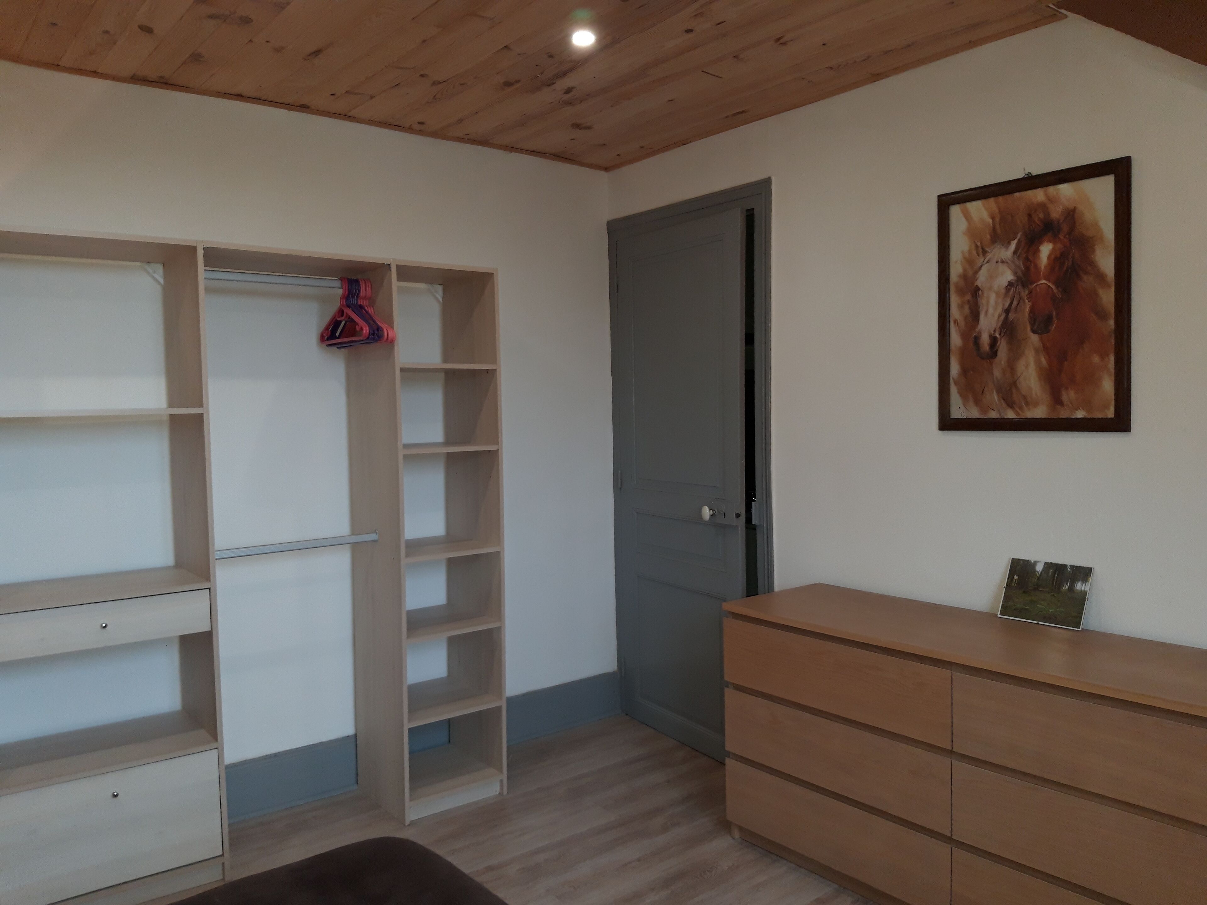 Een kamer met een houten plafond, een garderobe met verschillende planken, een deur en een dressoir.