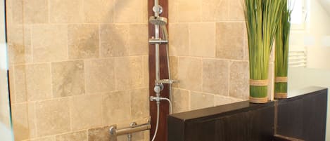 Douche, sèche-cheveux, serviettes fournies, savon
