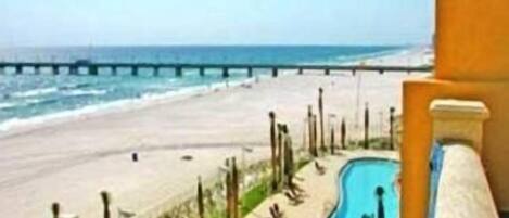 On the beach, sun loungers