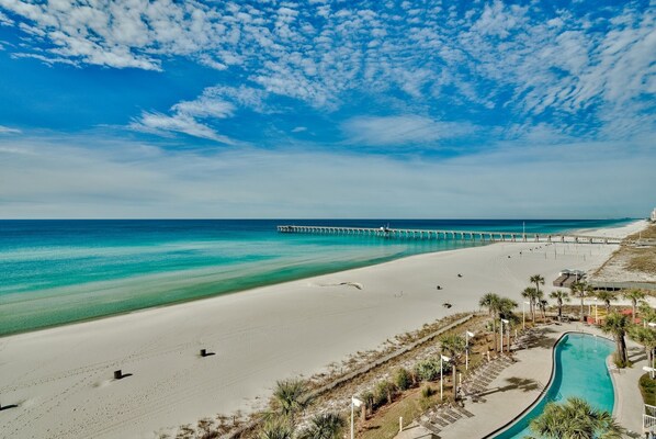 On the beach, sun loungers