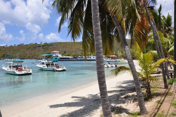On the beach, sun-loungers, beach towels