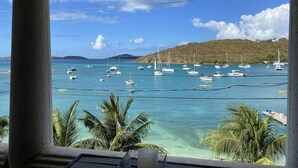 A view of a marina with multiple boats docked, surrounded by clear turquoise water and palm trees. - Grande Bay Resort - Mojo Blue Luxury Studio Beachfront! (Cruz Bay)