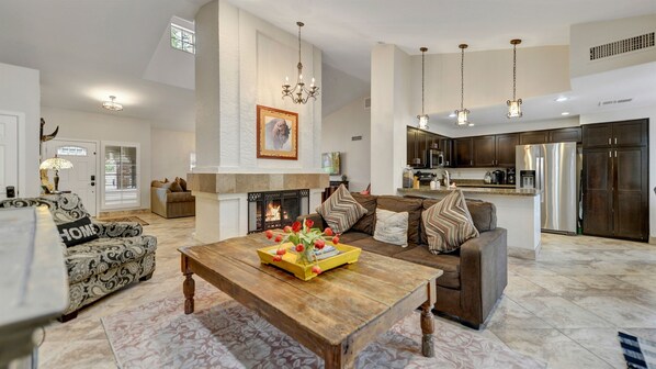 Smart TV, fireplace, table tennis, books