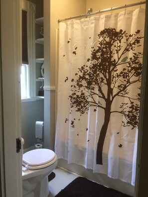 Combined shower/bathtub, hair dryer, towels, toilet paper