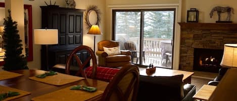 Smart TV, fireplace, video games, DVD player