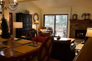 Smart TV, fireplace, video games, DVD player