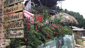 A rustic building with multiple signs advertising local food, coffee, and vegetarian meals. - Moc Anh House (Ta Van)