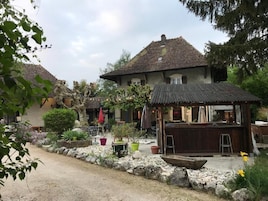 Um edifício rústico com telhado de colmo, rodeado por um jardim com várias plantas em vasos e um pequeno cais de madeira.