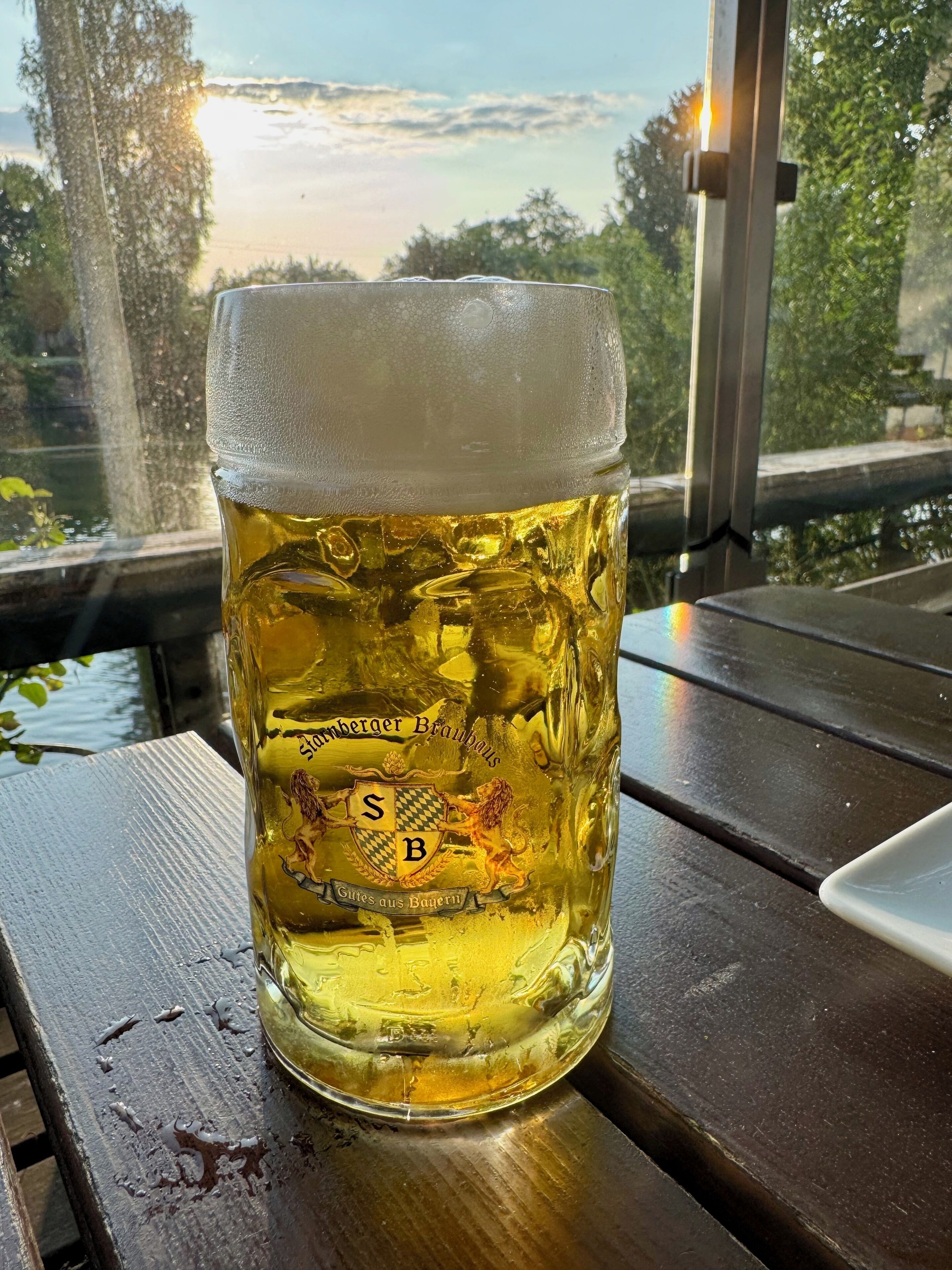Una cerveza con un logotipo, sobre una mesa de madera con vista a árboles y una masa de agua al fondo.