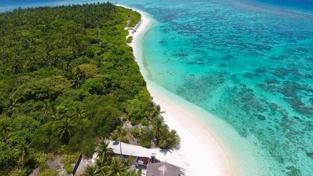 Vista aérea de uma praia tropical com areia branca, águas turquesa cristalinas e vegetação verde exuberante.