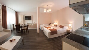 A hotel room with a sofa, a dining table with chairs, a bed with two pillows, a TV, a kitchen area with a sink and stove, and a window with curtains. - Penzion Longus (Kyjov)