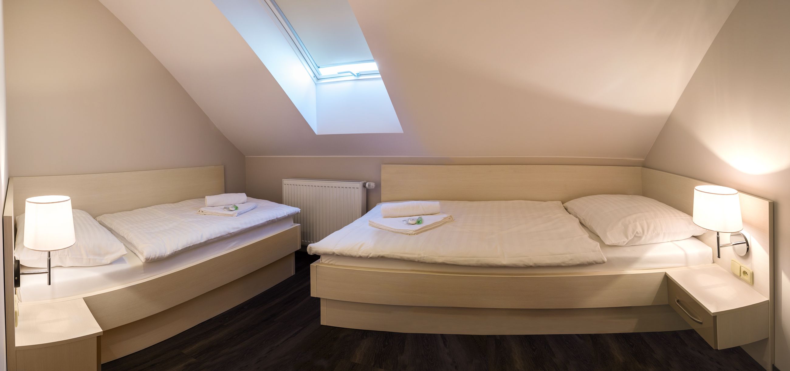 A room with two beds, a skylight, and a radiator.