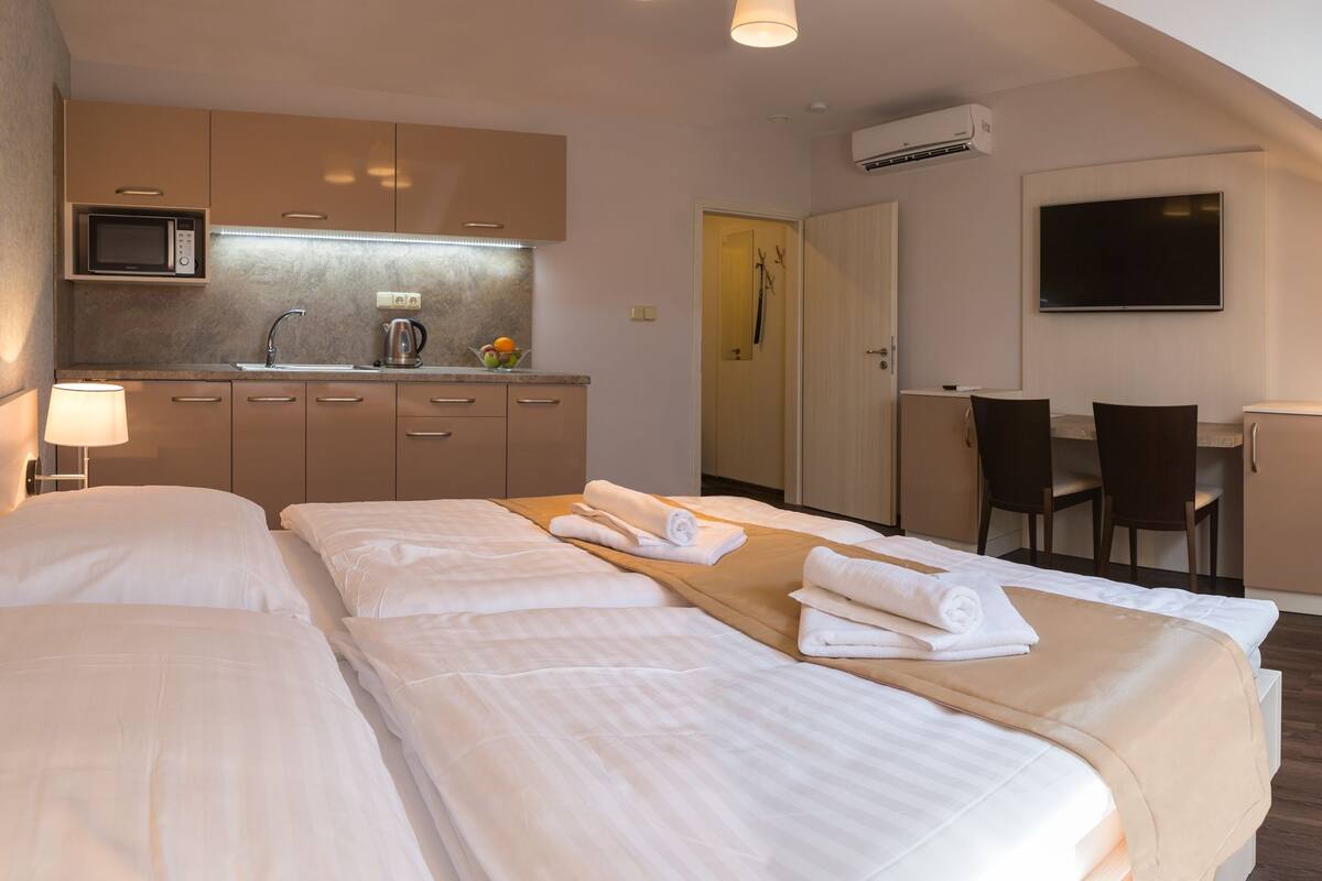A hotel room with two beds, a kitchenette, a TV, and a desk with chairs.