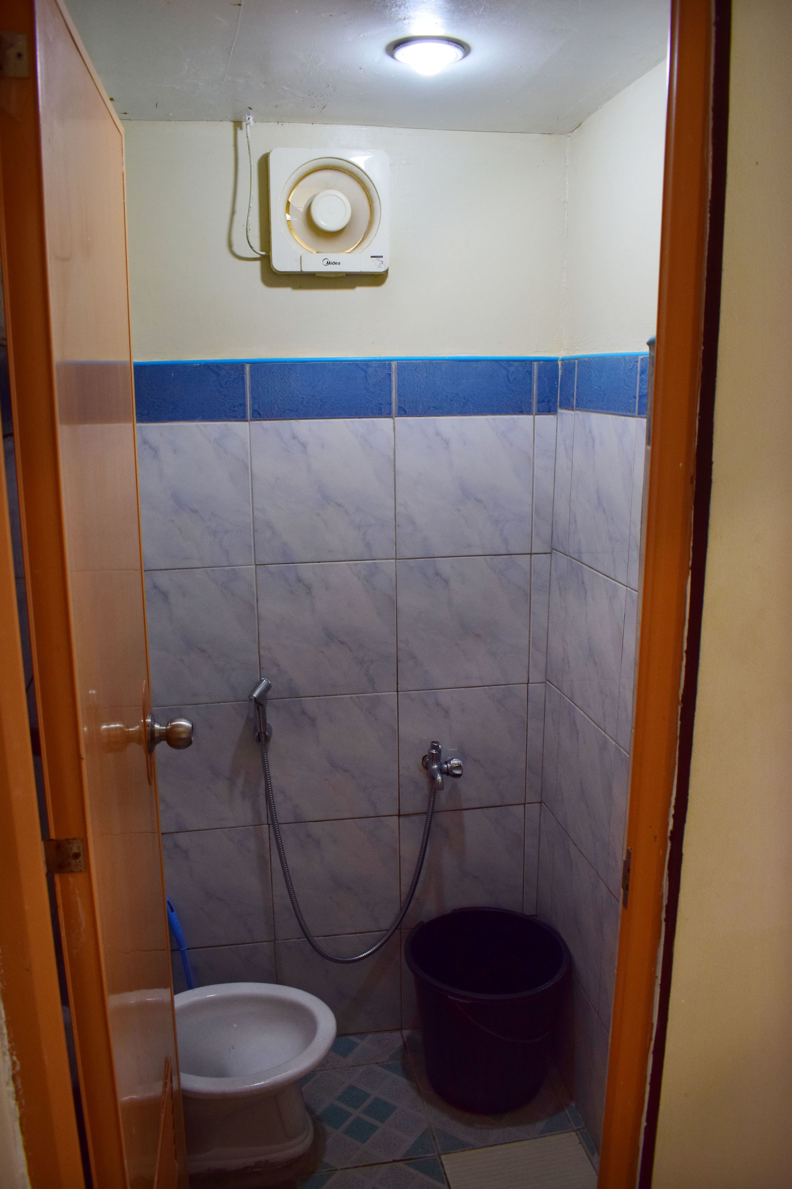 A small bathroom with a toilet, a shower, and a bucket.