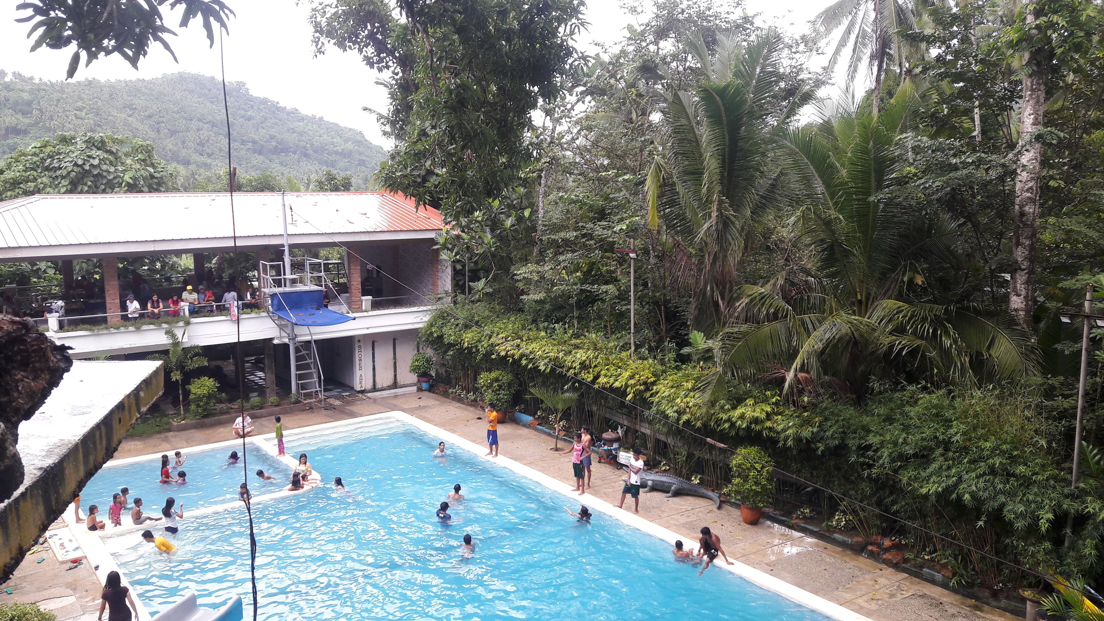 Piscina rodeada de vegetación exuberante y un área techada con gente.