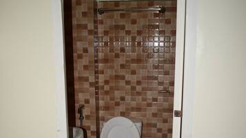 A small bathroom with a toilet, a sink, and a shower.