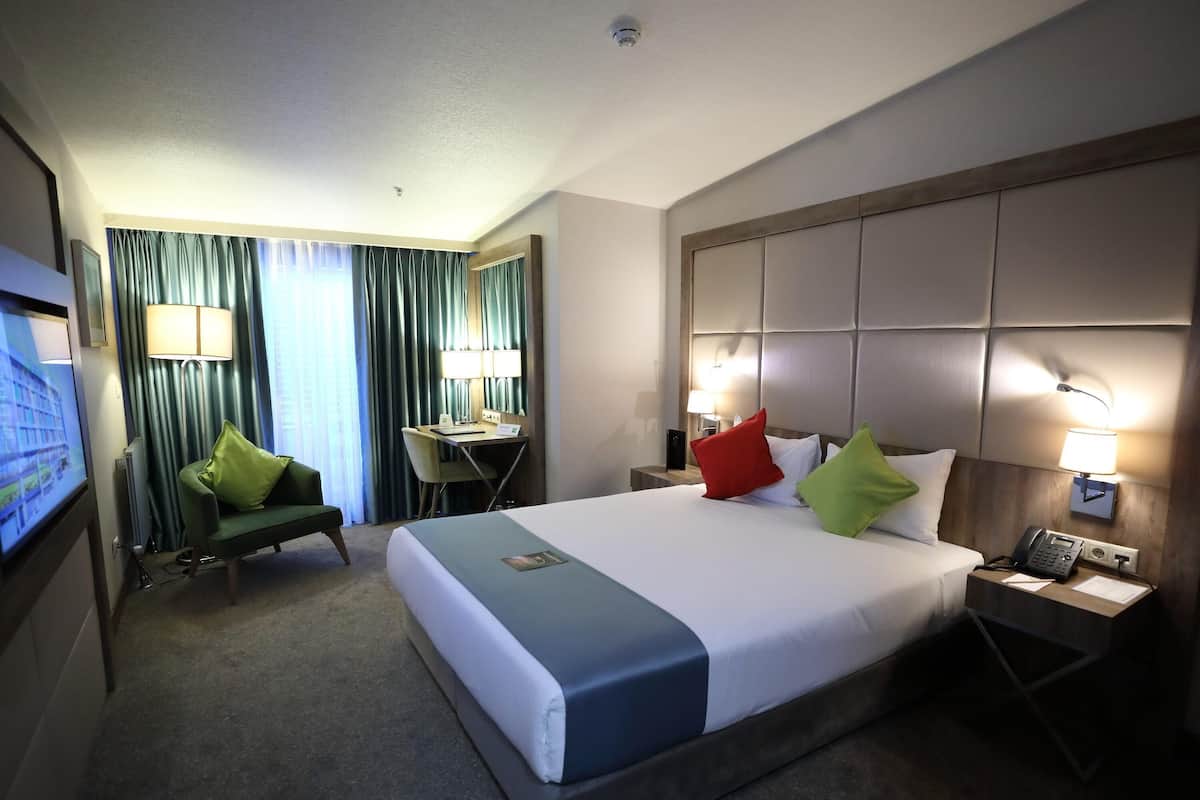 Habitación de hotel con una cama grande, un escritorio, una silla, un televisor y un teléfono.