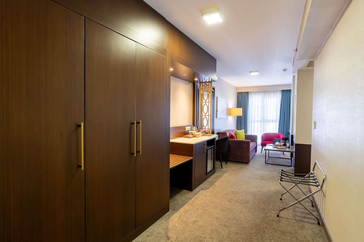 Habitación de hotel con un armario grande, un escritorio con silla, un sofá y una pequeña mesa con otra silla.