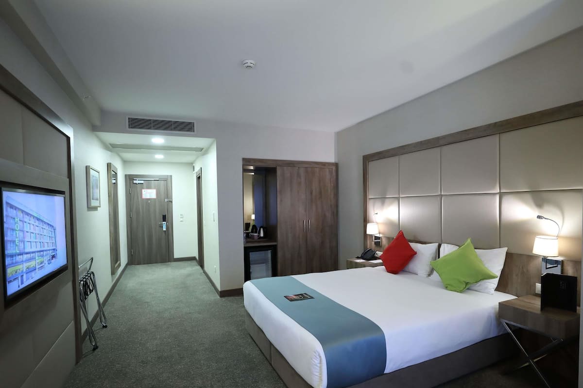 Una habitación de hotel con una cama grande, lámparas de noche, un televisor, un escritorio y un armario.