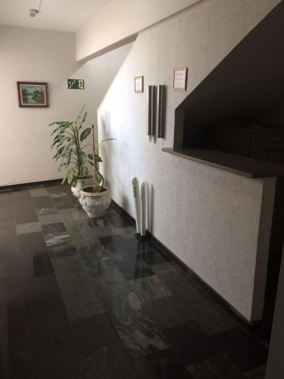 Un área de recepción con una planta en maceta, un cuadro enmarcado y una escalera.