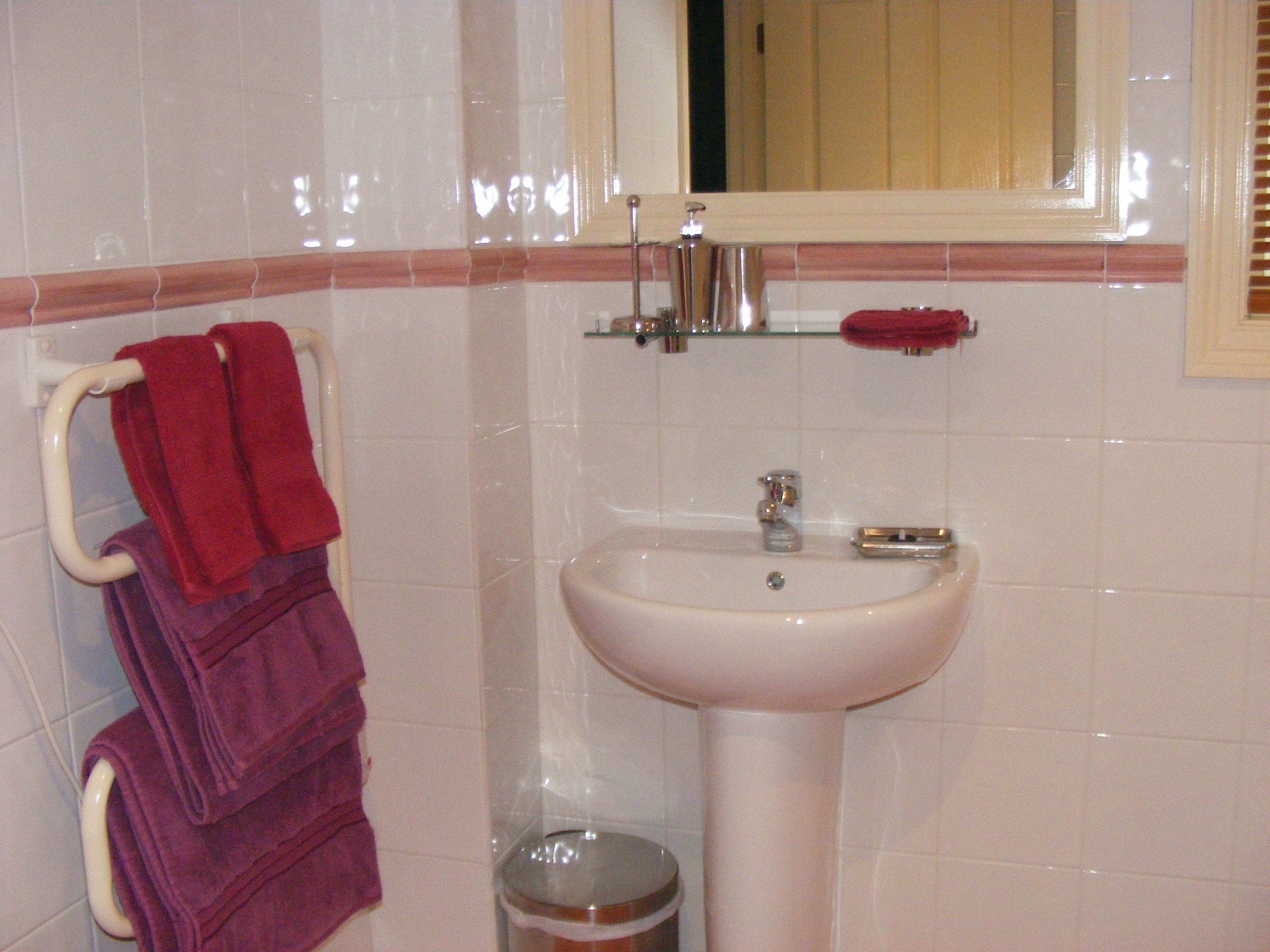 A bathroom with a white sink, a mirror above it, and a towel rack with red and purple towels.