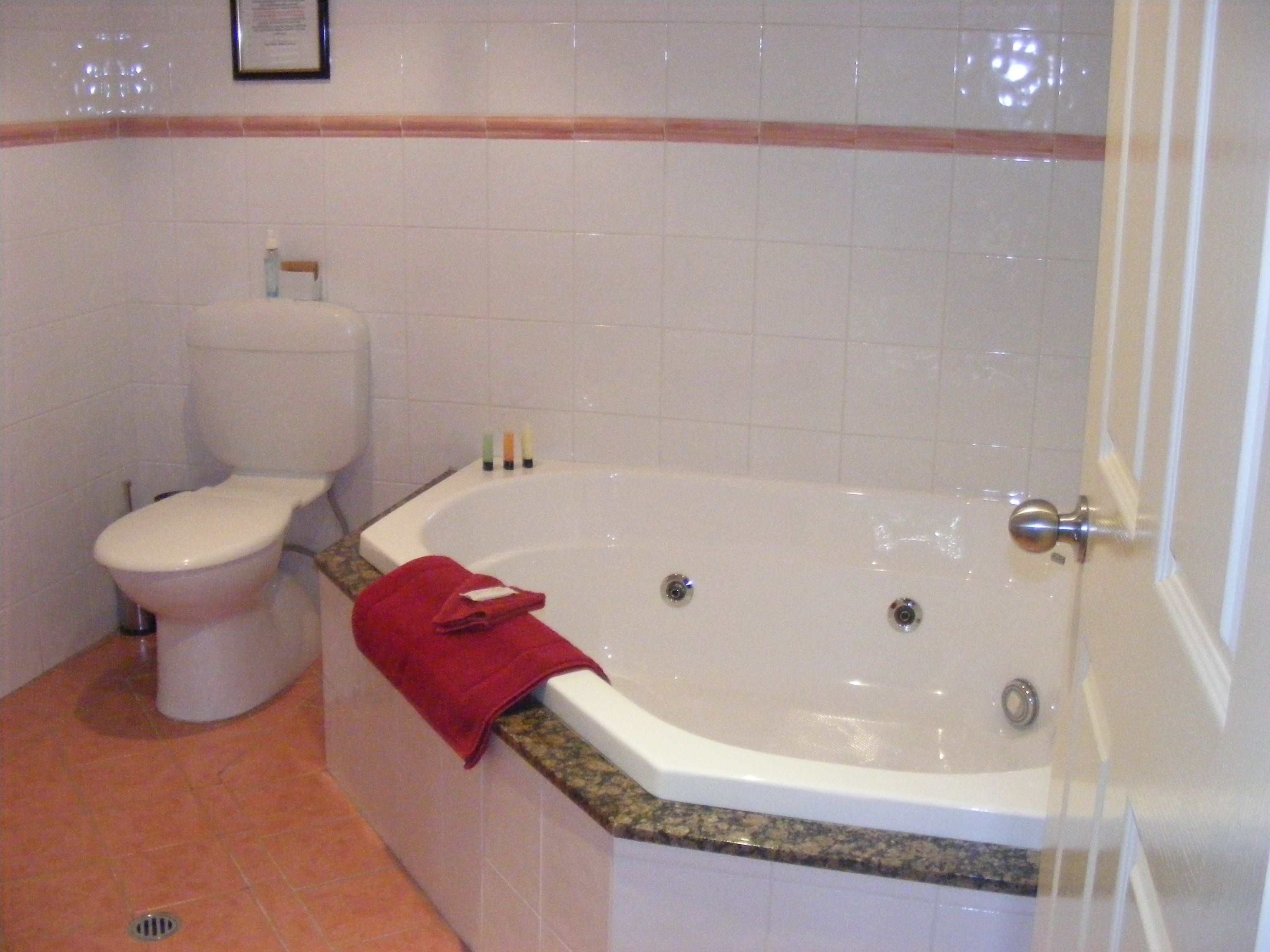 A bathroom with a toilet, a bathtub, and a shower area.
