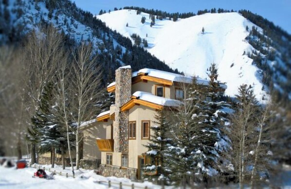 A snow-covered mountain with a cabin featuring stone and wooden architecture, surrounded by trees.