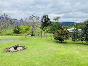 Un área verde bien cuidada con un pequeño hogar para fuego, rodeada de varios árboles y arbustos, y una vista distante de una casa.