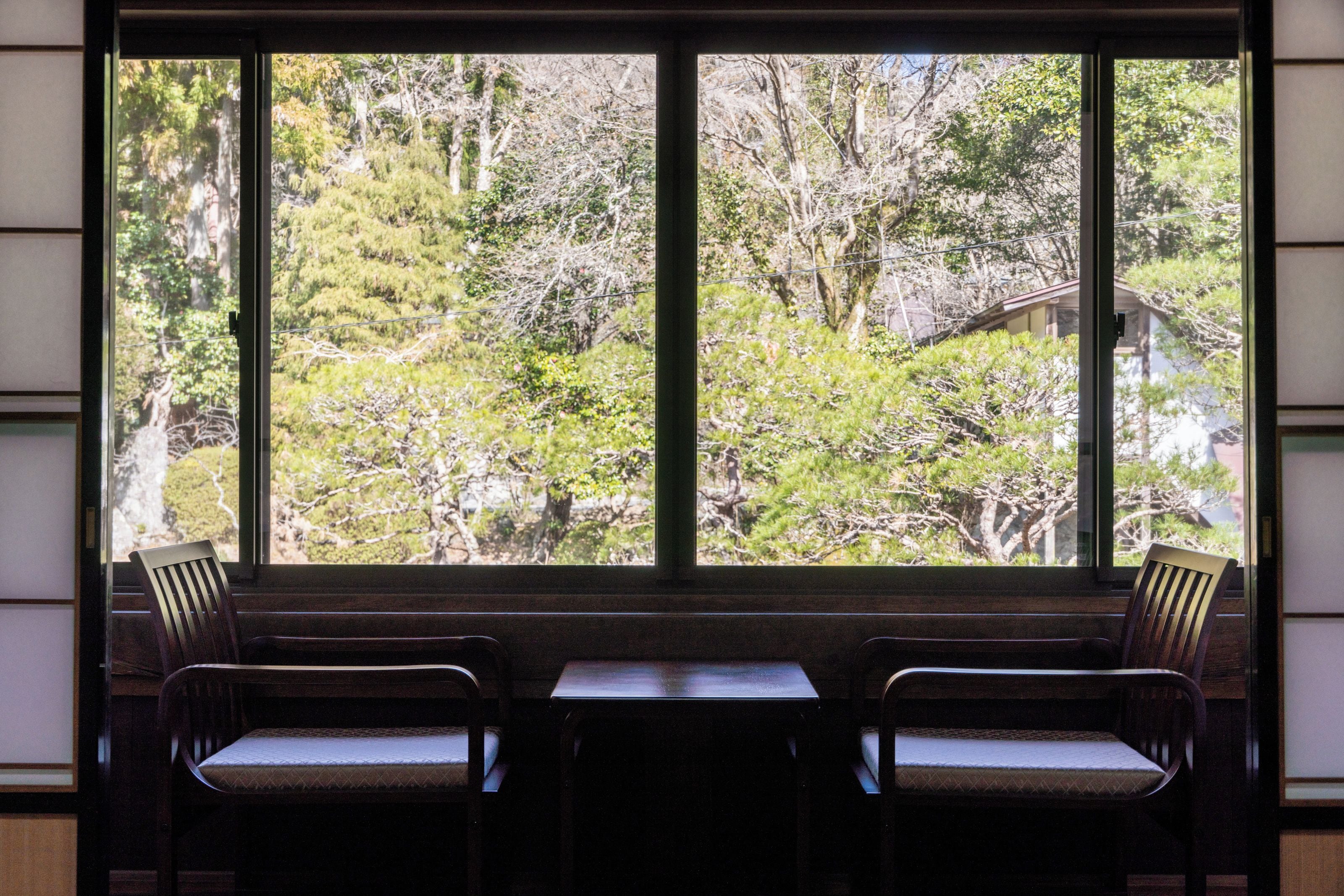 A room with a large window overlooking a forested area, two wooden chairs, and a small table.