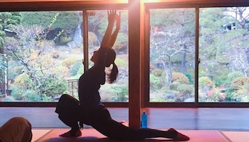 Una persona realiza una postura de yoga en una habitación con grandes ventanales que dan a un jardín.