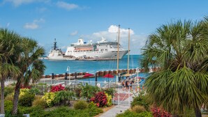 A cruise ship docked at a port with a marina and lush greenery in the foreground. - A Sunset & Harbour View at The Truman Annex in Key West (Key West)