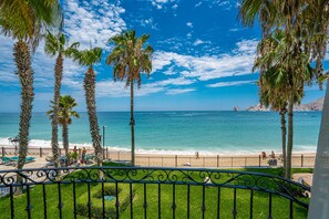 Blick auf einen Strand mit Palmen, einem Zaun und dem Meer.
