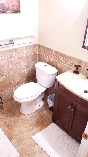 Combined shower/bathtub, hair dryer, towels, soap