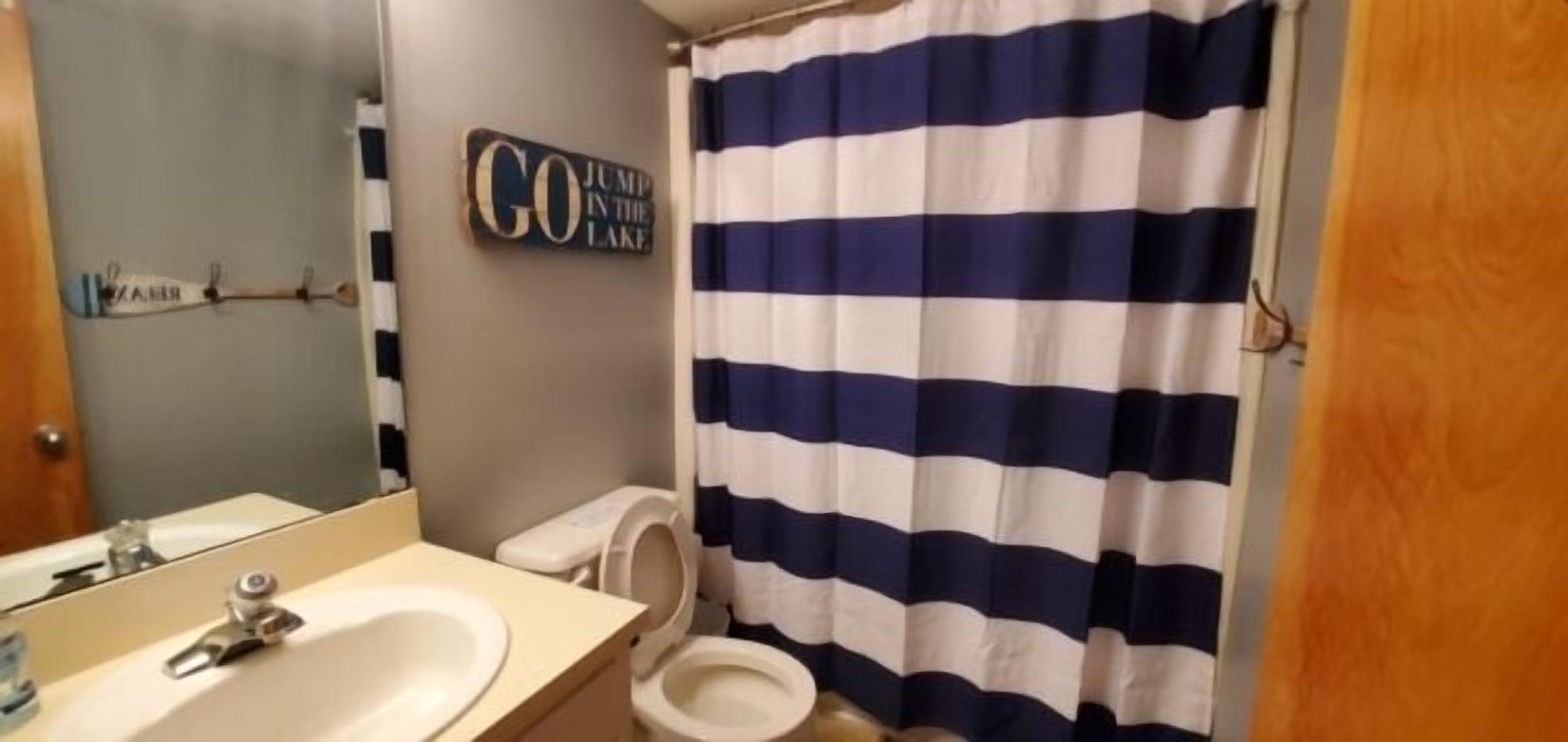Une salle de bain avec un rideau de douche à rayures, des toilettes et un lavabo.