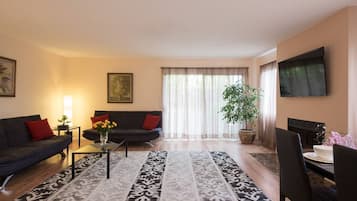 Smart TV, lareira, biblioteca musical