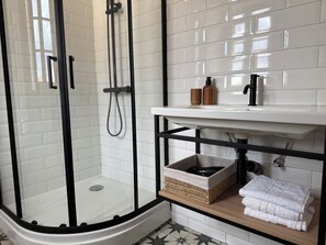 Combined shower/bathtub, hair dryer, bidet, towels