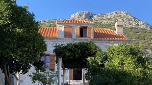 A villa with a tiled roof, a wrought iron gate, and a mountain in the background. - Seafront Historic Villa | Private pool, kayaks and bikes (Viganj)
