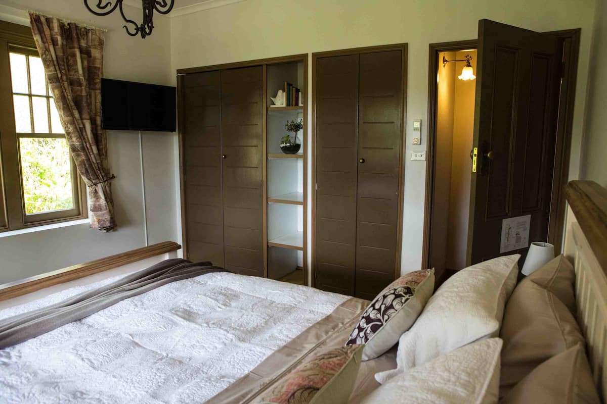 A bedroom with a large bed, a wardrobe, and a closet.