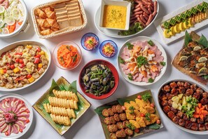 A variety of dishes arranged on a table.