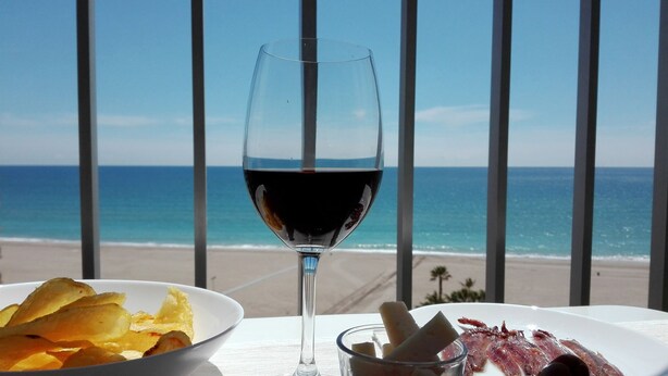 Una mesa con una copa de vino tinto, un bol de patatas fritas y un plato pequeño de tocino, frente a un balcón con vista a la playa y al océano.