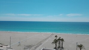 Una playa con cielo despejado, orilla arenosa y palmeras.